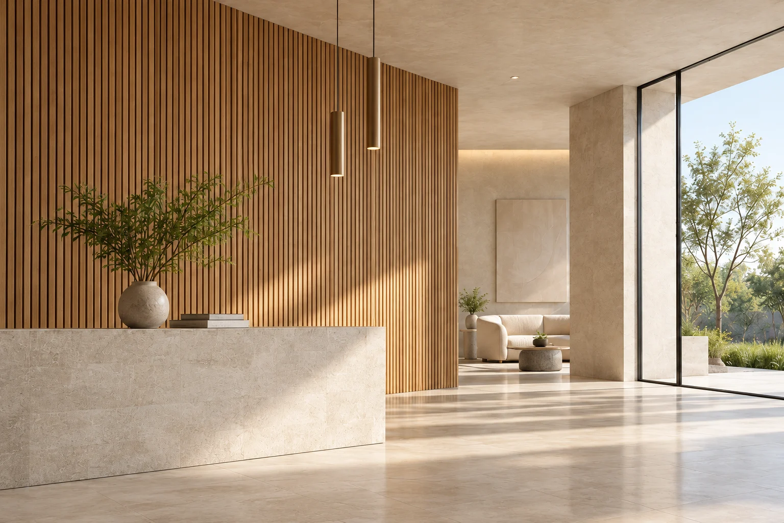 Architectural concept of a light-filled interior with vertical wood-look wall surfaces