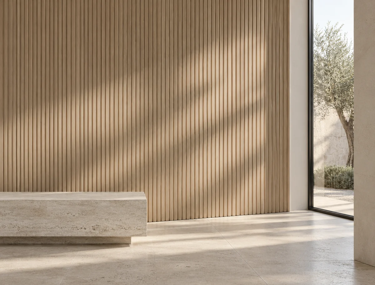 Concept Visualization of fluted wood-look finishes and a stone junction