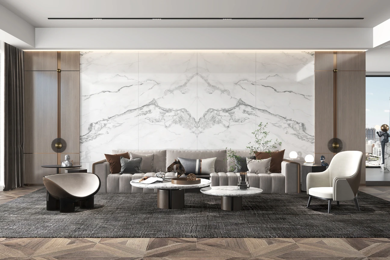 Catalog visualization of marble-look wall panels with coordinated wood-look finishes